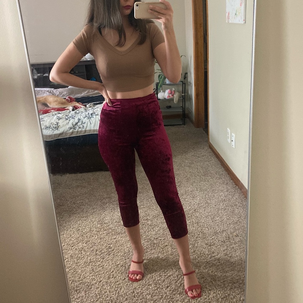 Wine Velvet High Waist Capri Pants